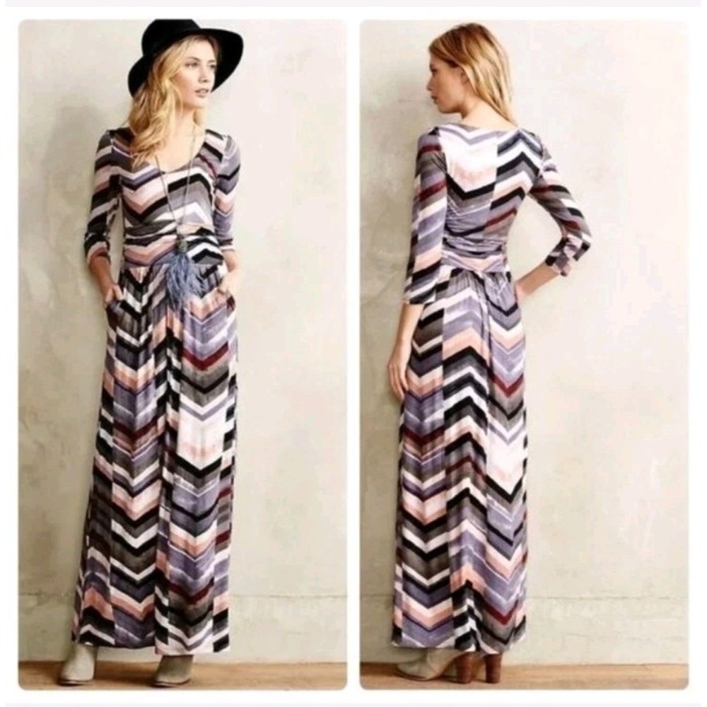 Anthropologie Maeve Novella Chevron Jersey Maxi Dress Pockets Boho Retro Indie